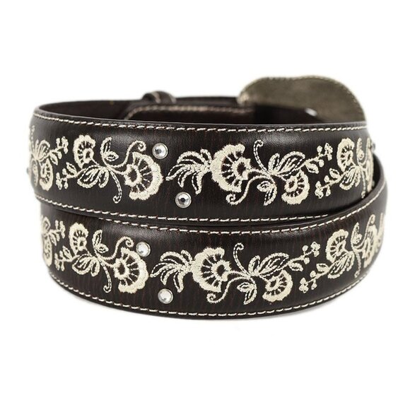 Shyanne Brown Western Embroidered Leather Belt With Silver Floral Buckle Medium - Picture 2 of 4
